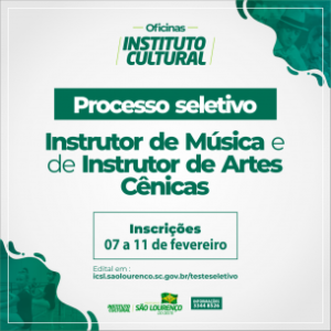 Read more about the article Instituto Cultural abre inscrições para Instrutor de Música e de Instrutor de Artes Cênicas