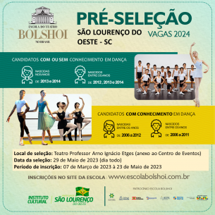Read more about the article Escola Bolshoi fará pré-seleção em São Lourenço do Oeste durante Festival de Dança