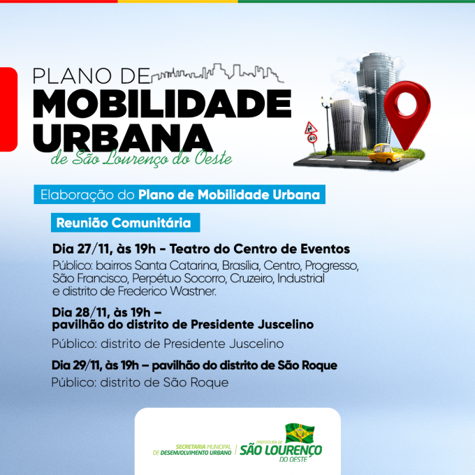 Read more about the article Prefeitura realizará reuniões comunitárias para elaboração do Plano Municipal de Mobilidade Urbana