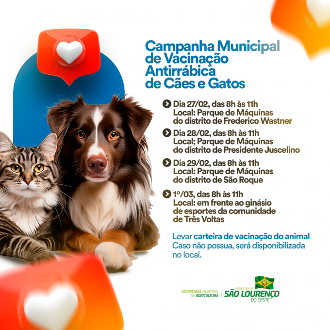 You are currently viewing Prefeitura promove campanha de vacinação antirrábica de cães e gatos nos três distritos