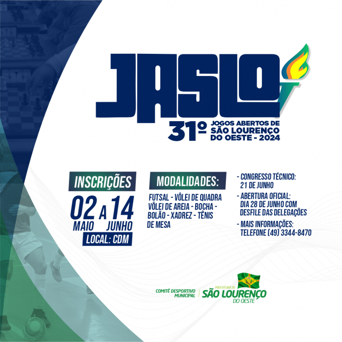 You are currently viewing  Inscrições abertas para o 31º Jogos Abertos de São Lourenço do Oeste