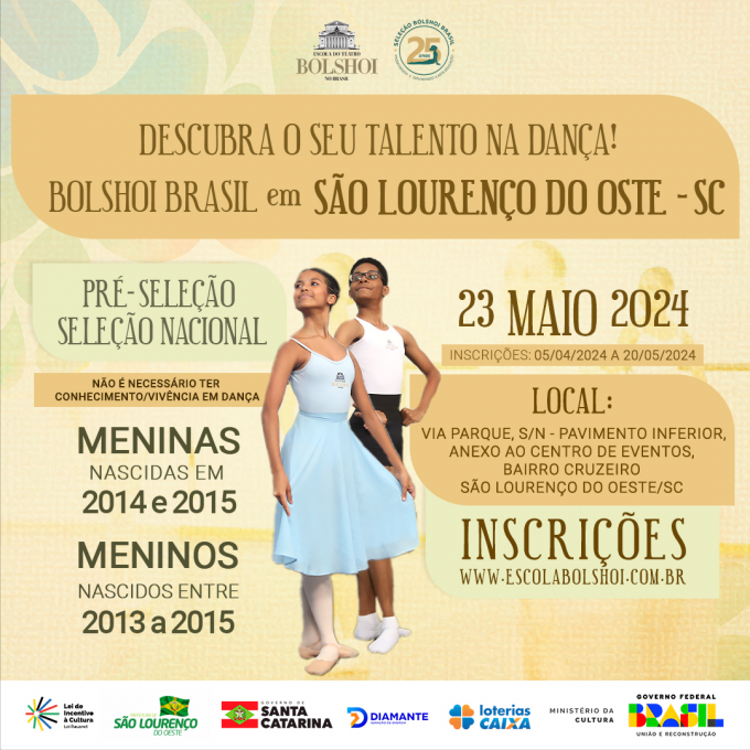 Read more about the article Pela segunda vez, Escola Bolshoi fará pré-seleção em São Lourenço do Oeste durante Festival de Dança